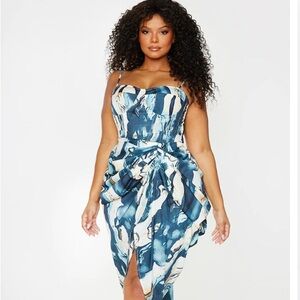 Pretty Little Thing Plus Size Cream Marble Print Ruched Side Midi Skirt